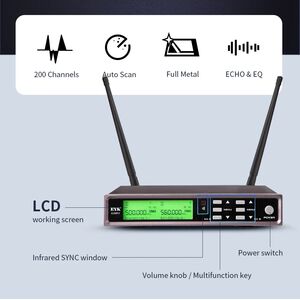 EYK Microfoni Professionali Wireless UHF frequenza regolabile 200 Canali con Equalizzatore ed Echo
