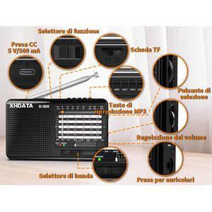 XHDATA D-328 ITALIA Mini Radio Portatile Ricaricabile Multibanda TF Card MP3 Player FM AM SW Full Band