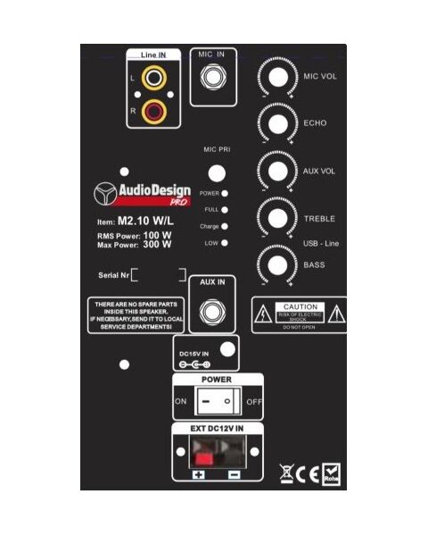Audiodesign Pro M2 10W/L Cassa Attiva 10" 300w A Batteria Bluetooth USB MP3 + 2 Microfoni WI-FI UHF