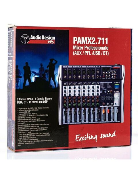 AudioDesign Pamx2.711 Mixer Audio Professionale con 7+1+1 Canali - effetti DSP USB e Bluetooth