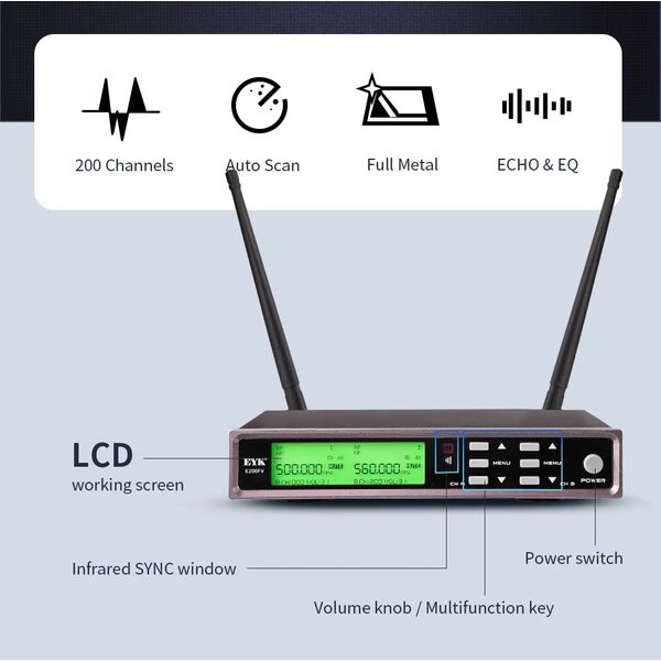 EYK Microfoni Professionali Wireless UHF frequenza regolabile 200 Canali con Equalizzatore ed Echo