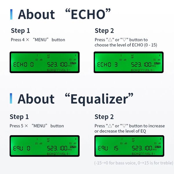 EYK Microfoni Professionali Wireless UHF frequenza regolabile 200 Canali con Equalizzatore ed Echo