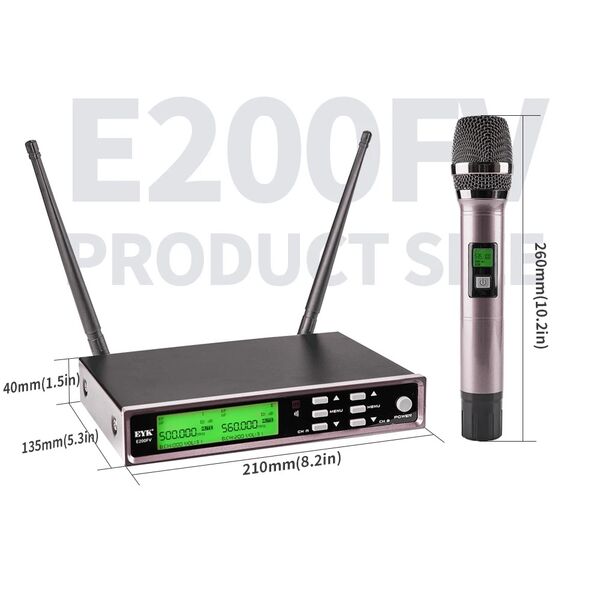EYK Microfoni Professionali Wireless UHF frequenza regolabile 200 Canali con Equalizzatore ed Echo