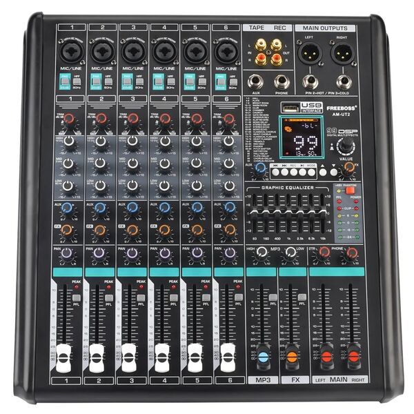 AM-UT2 Mixer Audio Professionale Console Mixer 6 Canali DSP 99 Effetti EQ 7 Bande Alimentazione Fantom