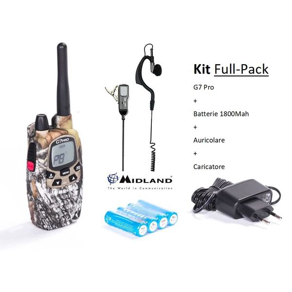 KIT FULL PACK MIDLAND G7 PRO MIMETICA + AURICOLARE + BATTERIE + CARICATORE SOFT AIR RADIO