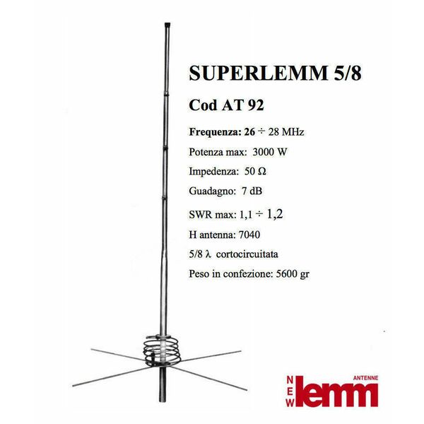Lemm AT92 SUPERLEMM Antenna CB (26-28 MHz) 5/8 d'onda da Base fissa Tetto