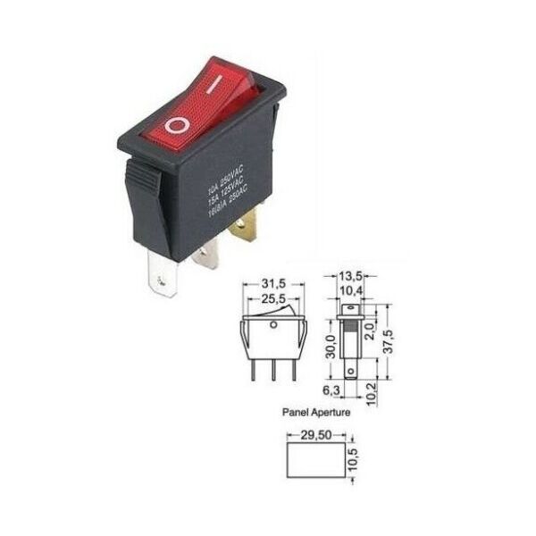 INTERRUTTORE A BILANCIERE UNIPOLARE LUMINOSO ROSSO 15A 250V 3 CONTATTI