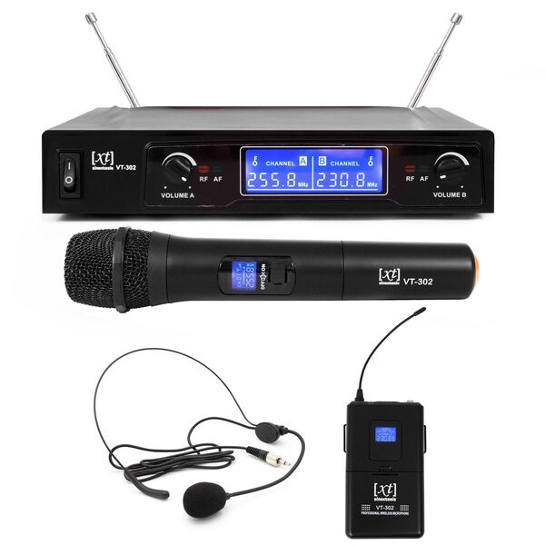 XT VT-302 PA Radiomicrofono Wireless VHF Doppio, Palmare + Bodypack + Archetto