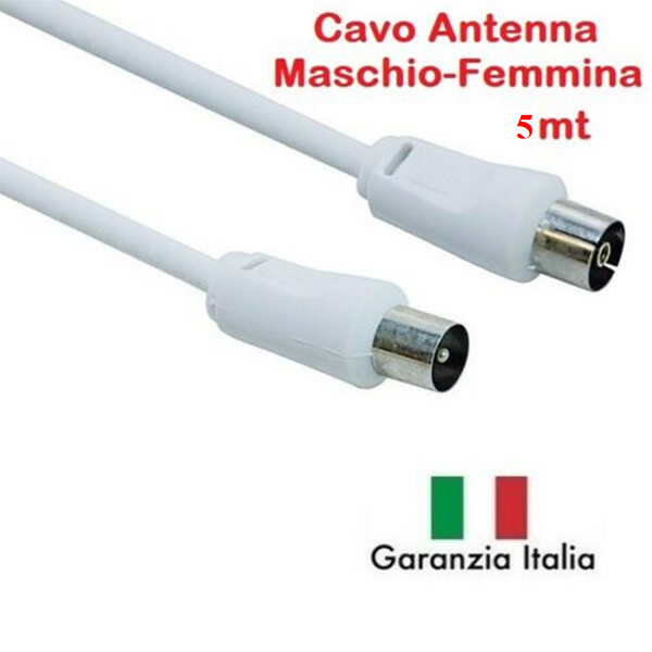 CAVO CAVETTO PROLUNGA ANTENNA TV SPINA MASCHIO - PRESA FEMMINA BIANCO 5mt 75ohm