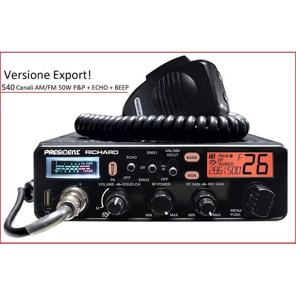 PRESIDENT RICHARD Export Radio CB 540 Canali 50W PEP AM/FM + ECHO + BEEP + USB