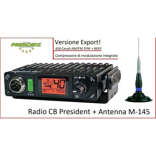 PRESIDENT BILL USB Export Ricetrasmettitore Radio CB Veicolare + Antenna Magnetica M-145