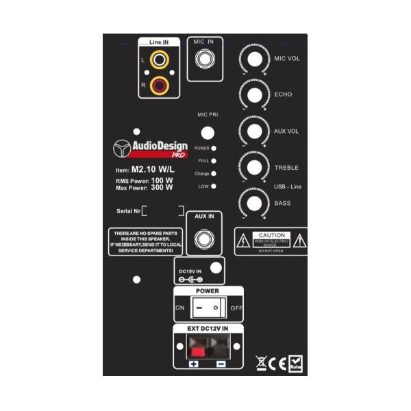 Audiodesign Pro M2 10W/L Cassa Attiva 10" 300w A Batteria Bluetooth USB MP3 + 2 Microfoni WI-FI UHF