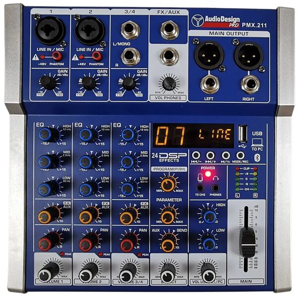 Audiodesign Pmx.211 Mixer Audio Professionale 2+1+1 Canali - Effetti DSP USB e Bluetooth