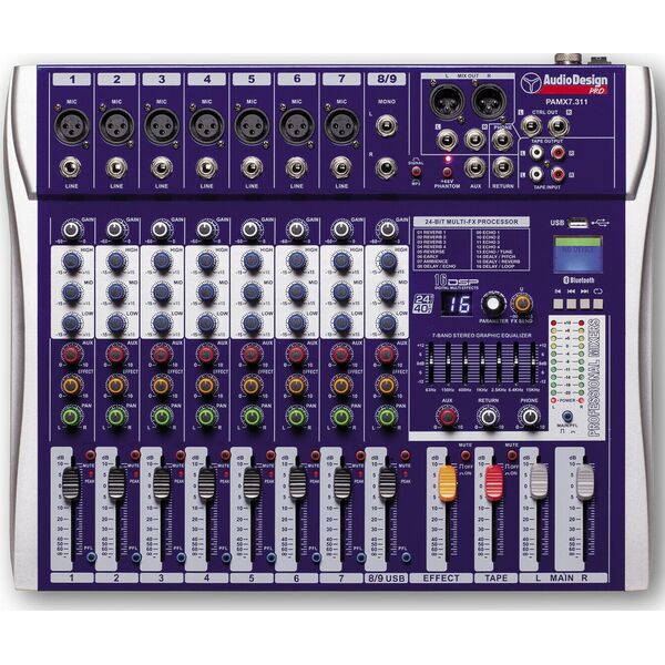 AudioDesign Pamx2.711 Mixer Audio Professionale con 7+1+1 Canali - effetti DSP USB e Bluetooth