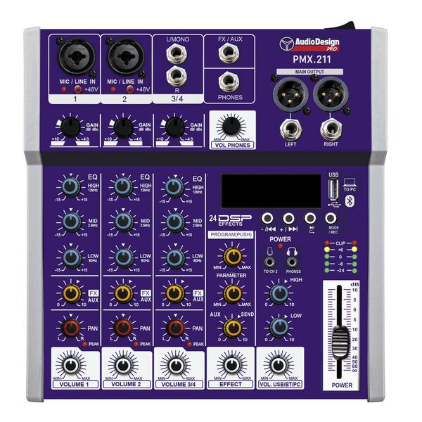 Audiodesign Pmx.211 Mixer Audio Professionale 2+1+1 Canali - Effetti DSP USB e Bluetooth