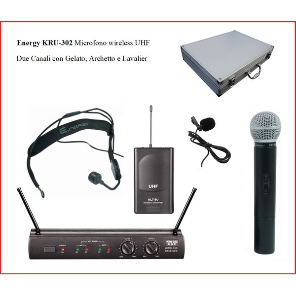 Energy KRU-302 Microfono wireless UHF due canali con gelato, archetto e Lavalier + Custodia Rigida